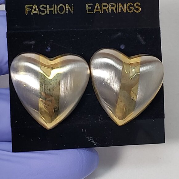 Gold, Silver Dual-Tone Stud Earrings Modern Stripe Design, 1"x1” Fashion Jewelry - Picture 7 of 7